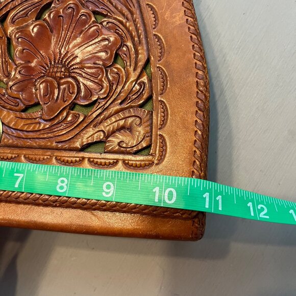 Vintage Tooled Cut Out Leather Handbag Purse Brown Green - Picture 12 of 15